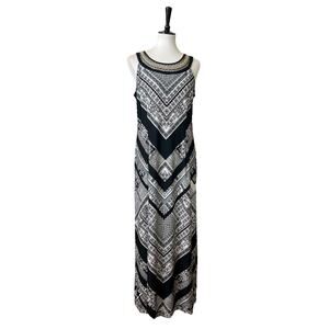 Studio One Maxi Dress Column Round Neck Metallic Black Batik Print Women’s PM
